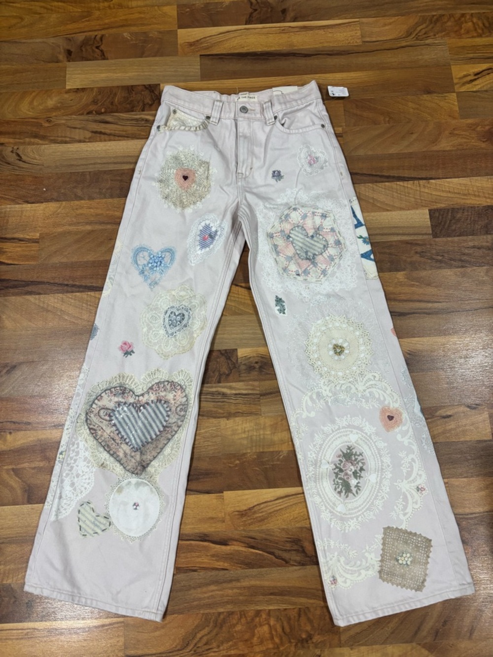 Free People Cream Straight-Leg Jeans with Pastel Heart & Floral Appliqués - Picture 3 of 11